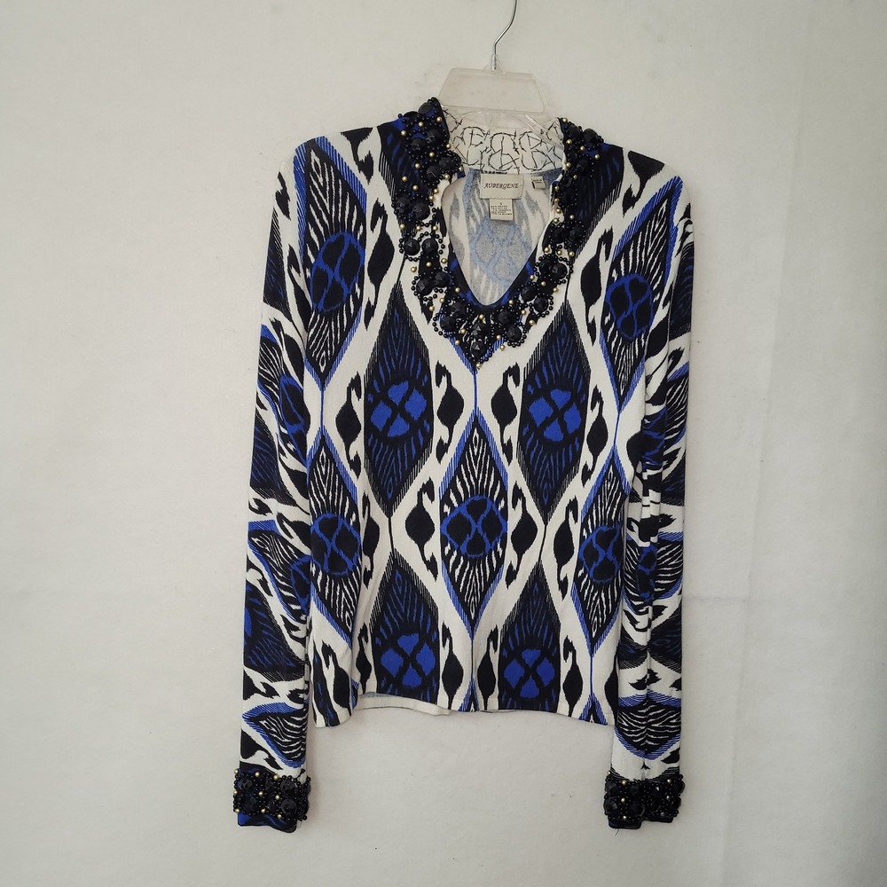 Aubergene Embellished Sweater Size‎ S Long Sleeve Beaded Jewel Print Blouse